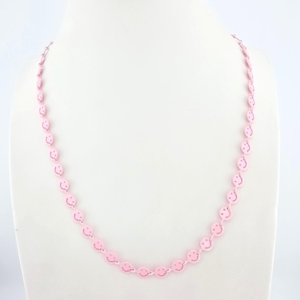 Vintage Smiley Face Necklace Pink Enamel Statement Adjustable Gold Toned 19"